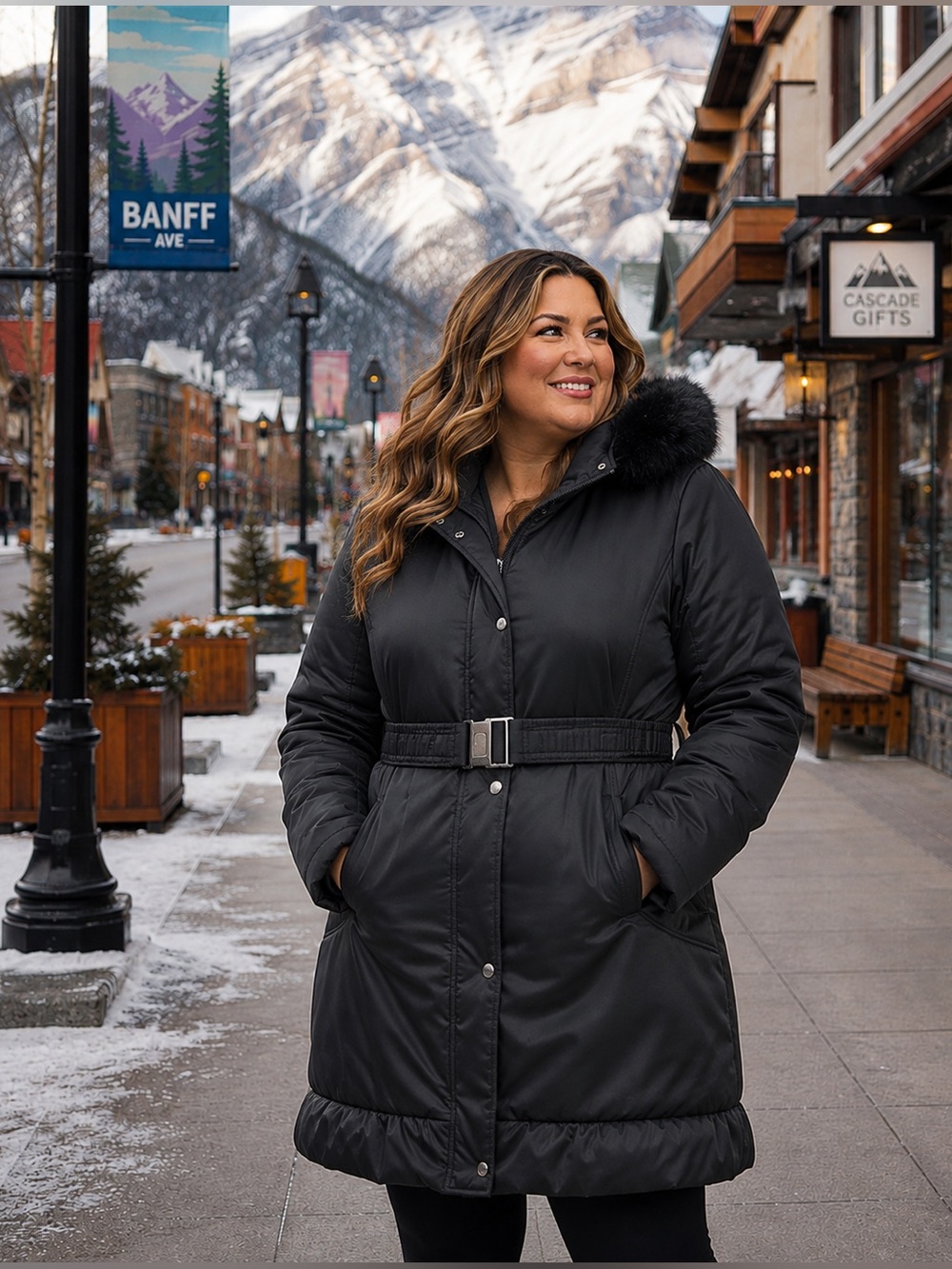 T Tahari Black Hooded Puffer Coat with Faux-Fur Trim